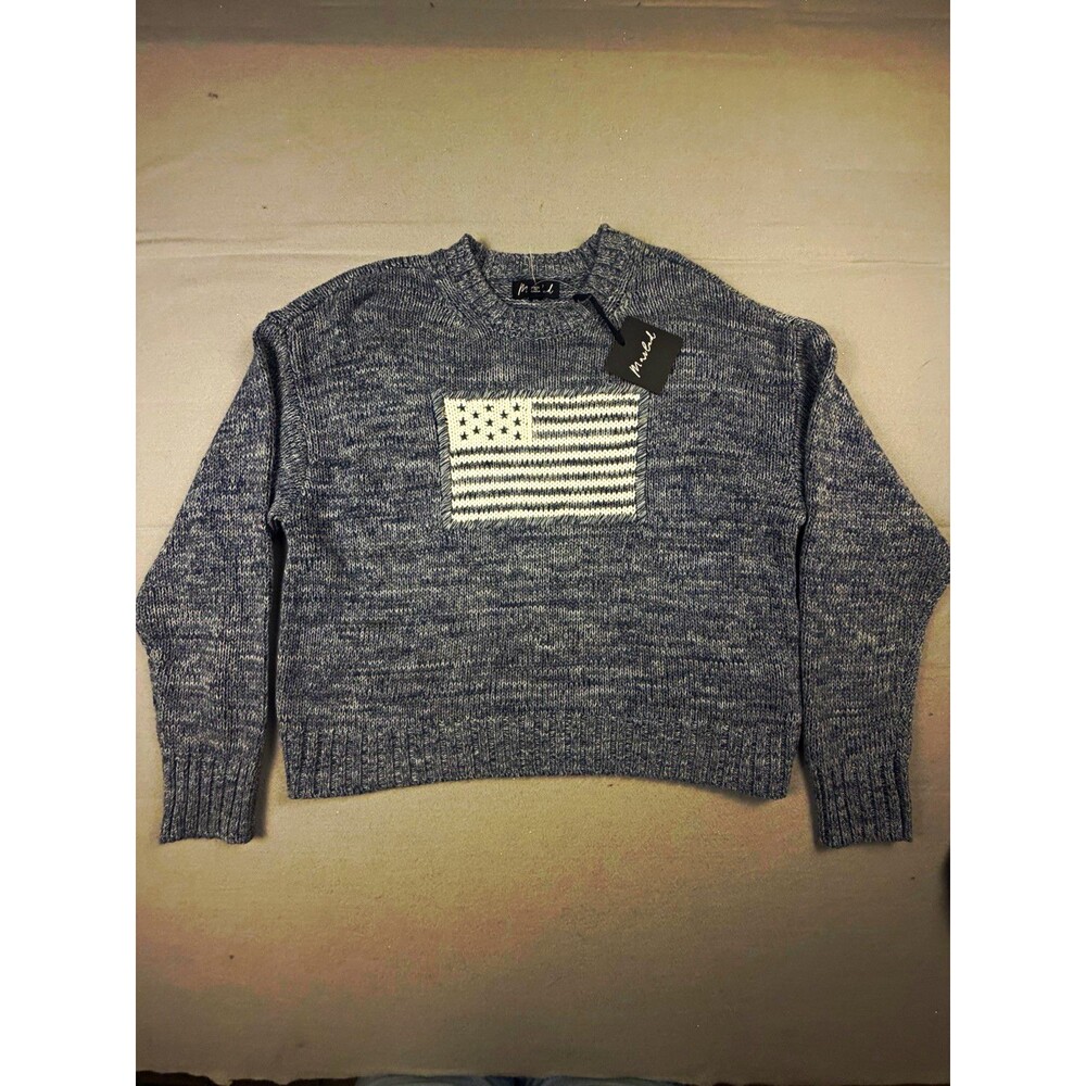 Marled Men's Knit Cotton Pullover Sweater L Blue/White Crew Neck USA Flag